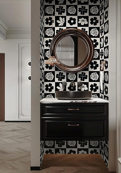 Dimoon 17.3''x78.7'' Peel and Stick Wallpaper Black White Floral Contact Paper Geometric Retro Vintage Thickening Embossed Cream Flower Renter Friendly Wall Paper Boho Aztec Bedroom Vinyl Wrap Roll