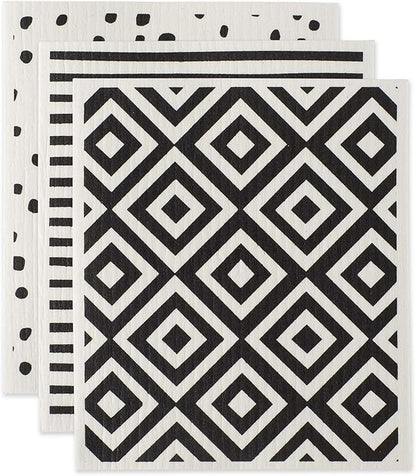 DII Swedish Dishcloths for Kitchen & Cleaning, Reusable, Machine Washable & Dishwasher Safe, Biodegradable, 7.75 x 6.75, Black & White, 3 Piece