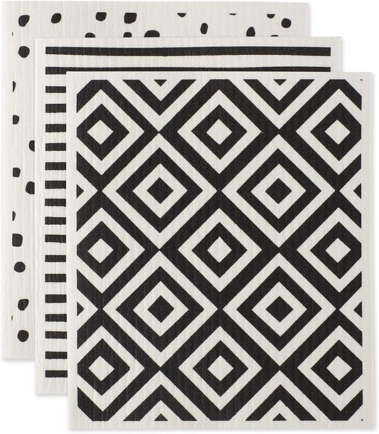 DII Swedish Dishcloths for Kitchen & Cleaning, Reusable, Machine Washable & Dishwasher Safe, Biodegradable, 7.75 x 6.75, Black & White, 3 Piece
