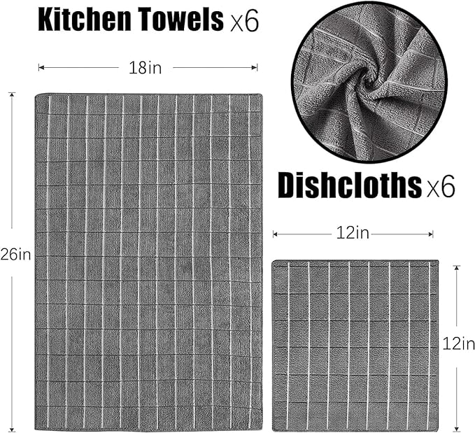 Microfiber Kitchen Towels and Dishcloths Set, 26 X 18 Inch and 12 X 12 Inch, Set of 12 Bulk Lint Free Dish Towels for Drying Dishes, Grey