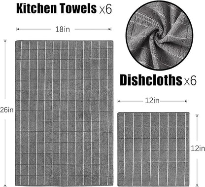 Microfiber Kitchen Towels and Dishcloths Set, 26 X 18 Inch and 12 X 12 Inch, Set of 12 Bulk Lint Free Dish Towels for Drying Dishes, Grey