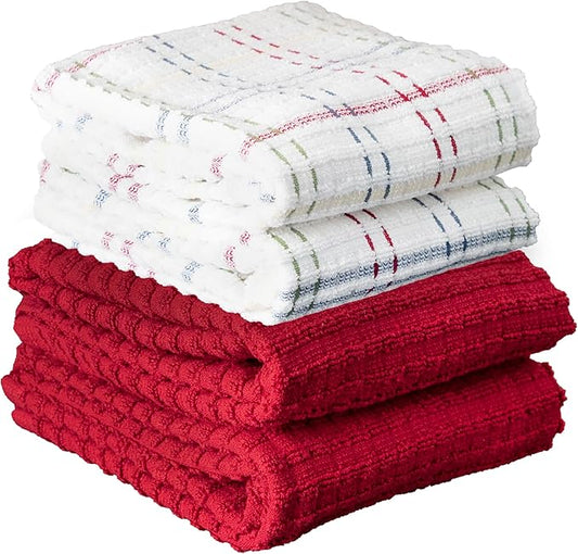 Ritz Royale Collection 100% Combed Terry Cotton, Highly Absorbent, Kitchen Towel Set, 13-3/4" x 12", 4-Pack, Solid & Checked, Paprika