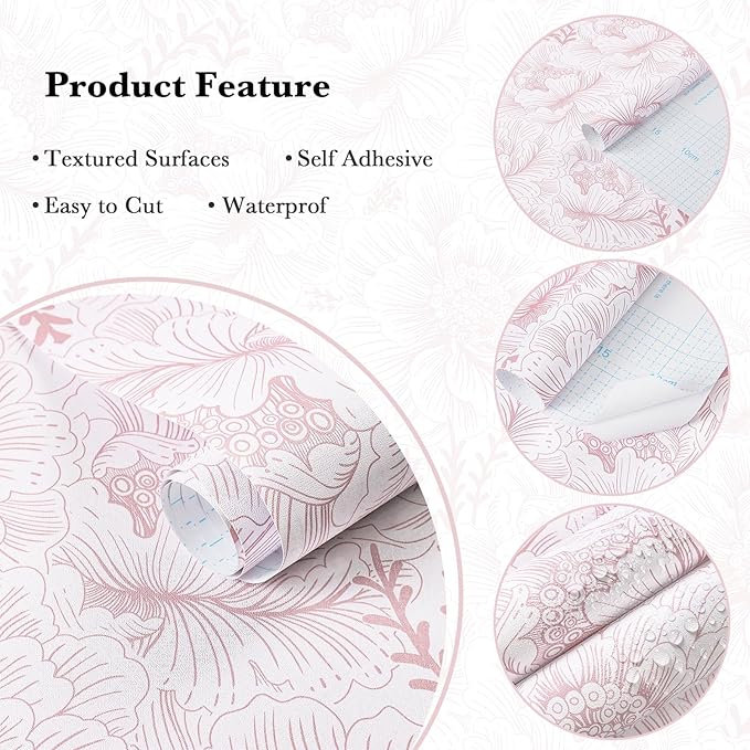 Guvana 17.3in×118in Floral Peel and Stick Wallpaper Boho Contact Paper Pink and White Wall Paper Modern Removable Wallpaper for Bedroom Bathroom Nursery Mural Wall Self Adhesive Waterproof Vinyl Roll