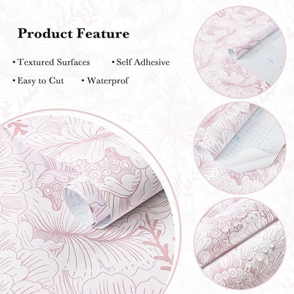 Guvana 17.3in×118in Floral Peel and Stick Wallpaper Boho Contact Paper Pink and White Wall Paper Modern Removable Wallpaper for Bedroom Bathroom Nursery Mural Wall Self Adhesive Waterproof Vinyl Roll