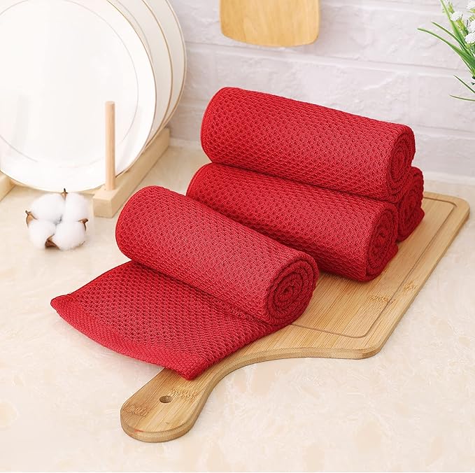Kitinjoy 100% Cotton Waffle Weave Kitchen Hand Towels (13 x 28 Inches, Red), 4-Pack Super Soft and Absorbent Dish Towels for Drying Dishes