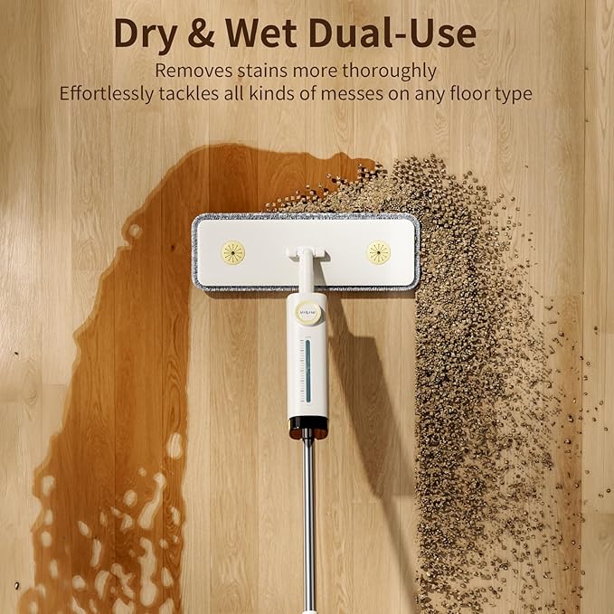 2 in 1 Wet Dry Spray Mop for Floor Cleaning, Swivel Flat Long Handle Trapeador with Washable Reusable Pads & Refillable Bottle, Lightweight for Hardwood, Laminate, Vinyl, Tile, Marble, Cream White