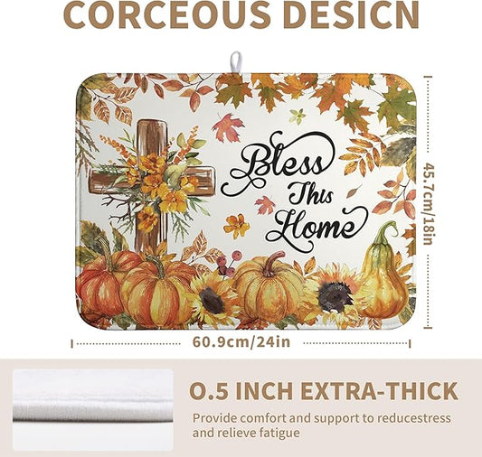 Fall Drying Mat for Kitchen Counter Autumn Thanksgiving Pumpkin Cross Dish Mat Sunflower Maple Leaf Absorbent Microfiber Dish Draining Mat Reusable Dishes Pad Extra Large 18"x24"