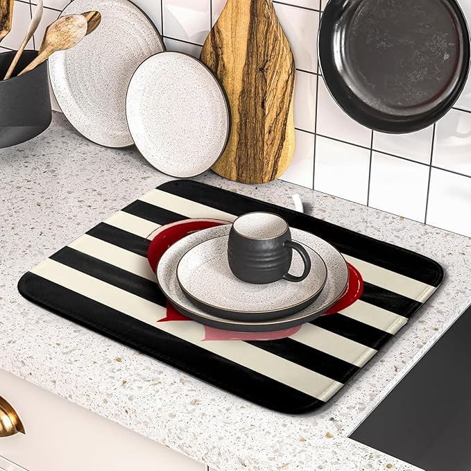 Valentines Day Dish Drying Mat for Kitchen Counter 16x18 Inch Red Pink Love Heart Black Striped Print Absorbent Reversible Microfiber Drying Mats Kitchen Countertop Protector Dishes Drainer Rack Pad