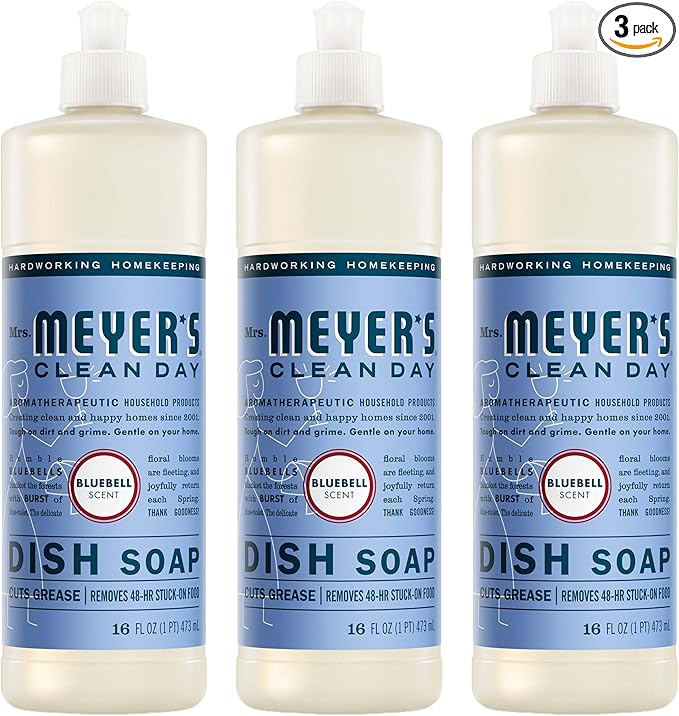 MRS. MEYER'S CLEAN DAY Liquid Dish Soap, Bluebell Scent, 16 Fl Oz Bottle - 3 Pack