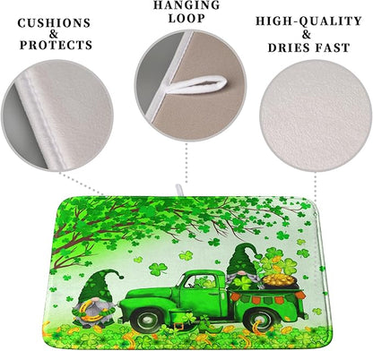 St Patricks Day Shamrock Drying Mat for Kitchen Counter Green Gnome Truck Dishes Drying Mat St. Patricks Day Spring Washable Dish Drying Pad Absorbent Microfiber Dishes Drainer Mats 16x18 Inch