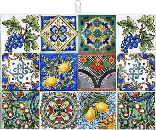 Talavera Mexican Tiles Dish Drying Mats for Kitchen Counter, Absorbent Reversible Microfiber Dish Drying Pad, Multi-Use Large Drying Mat Coffee Bar Accessories 18"x24"