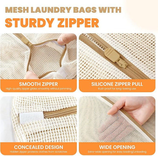 ABRRLO 4Pcs Cotton Mesh Laundry Bags for Delicates,Breathable Mesh Garment Bag for Washing Machine, Travel Wash Bags with Zipper for Bras, Underwear, Socks, Clothes, Laundry Dorm Room Essentials(S-XL)