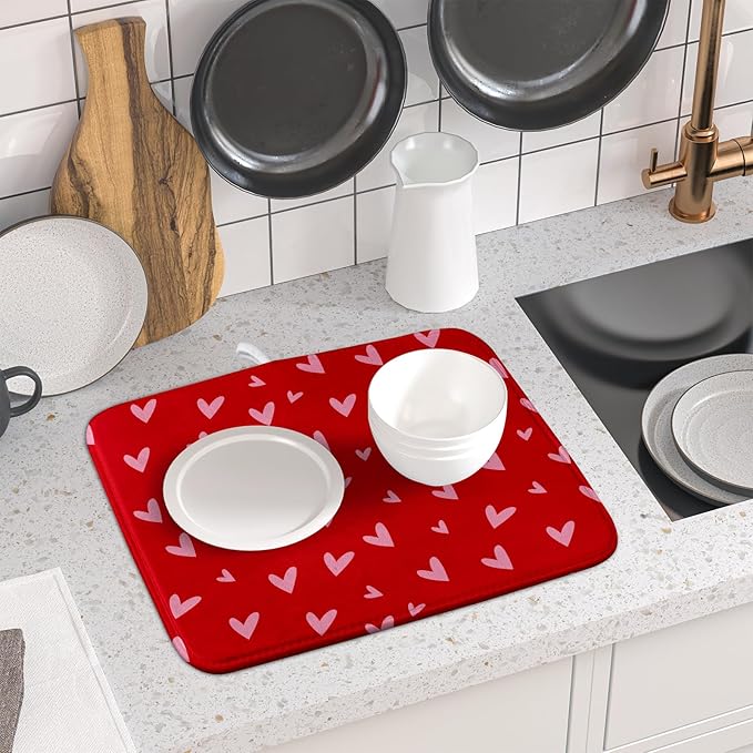 Valentines Dish Drying Mat for Kitchen Counter 16x18 Inch Valentine's Day Red Pink Love Heart Print Absorbent Reversible Microfiber Drying Mats Kitchen Countertop Protector Dishes Drainer Rack Pad