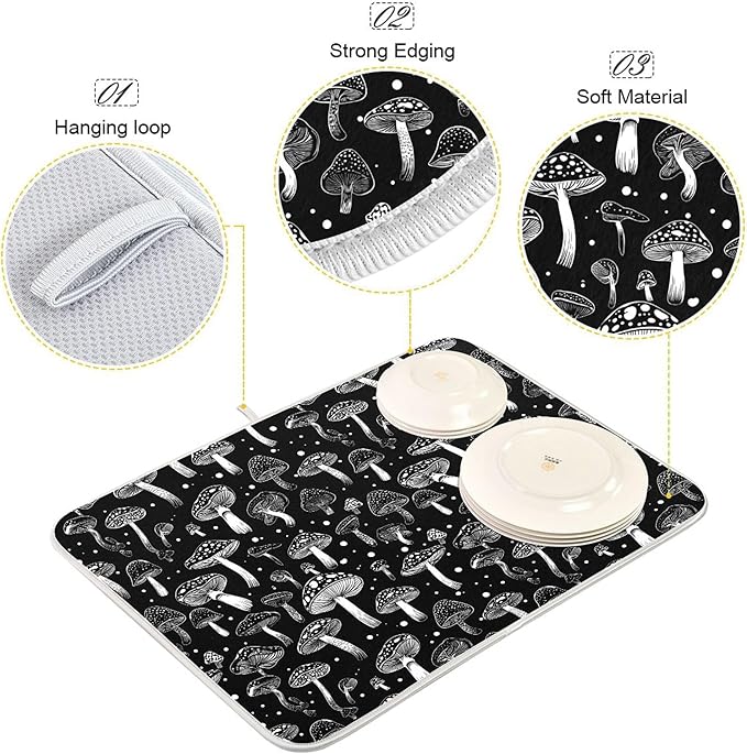 Eucalyptus Leaves Dish Drying Mat for Kitchen Countertop 18x24 Black White Floral Leaf Large Drying Mat Reusable Quick Dry Dish Sink Absorbent Mats Dishwasher Easy Clean Decorative Home Essentials