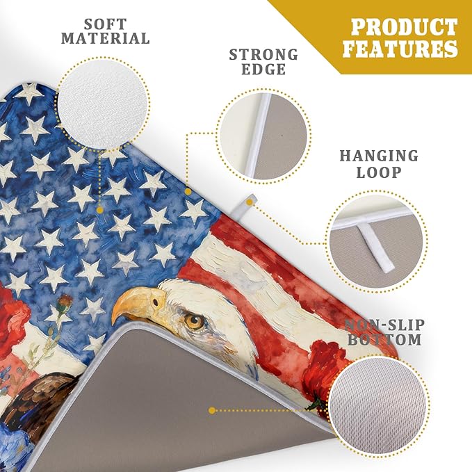 4th of July American Flag Eagle Dish Drying Mat for Kitchen Counter 18x24 Patriotic Floral Memorial Day Absorbent Reversible Microfiber Drying Mats Kitchen Countertop Protector Dishes Drainer Pad
