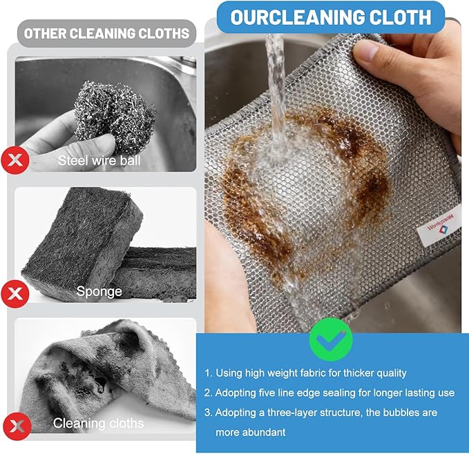 Wangjinpeng12 Pcs New Upgrade 3-Layer Metal Dish Cloths, Non-Scratch Odor-Free Multipurpose Wire Dishwashing Rags for Wet Dry Use, Kitchen Cleaning Cloths for Dishes, Sinks & Stove Tops(7.87X7.87)
