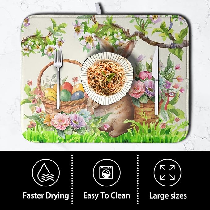 Easter Egg Bunny Dish Drying Mat for Kitchen Counter Floral Flower Basket Drying Mats Absorbent Dish Pad Spring Summer Holiday Medium Dish Draining Mat 18x24 inch