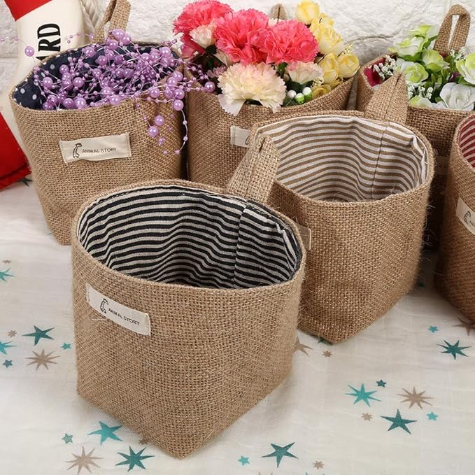 HERCHR Small Hanging Storage Bag, Cotton Linen Laundry Hamper Bag Decorative Wall Hanging Basket Organizer Home Gadget Storage Basket (#1)