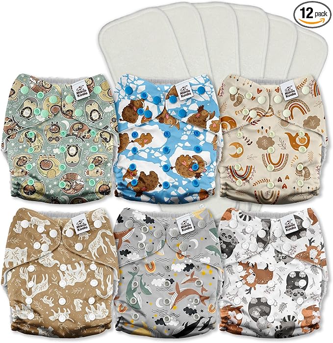 Mama Koala 3.0 Cloth Diapers for Babies with AWJ Lining, 6 Pack with 6 5-Layer Natural Cloth Diaper Inserts - Reusable and Washable Pocket Diapers(A-Animals' Love)