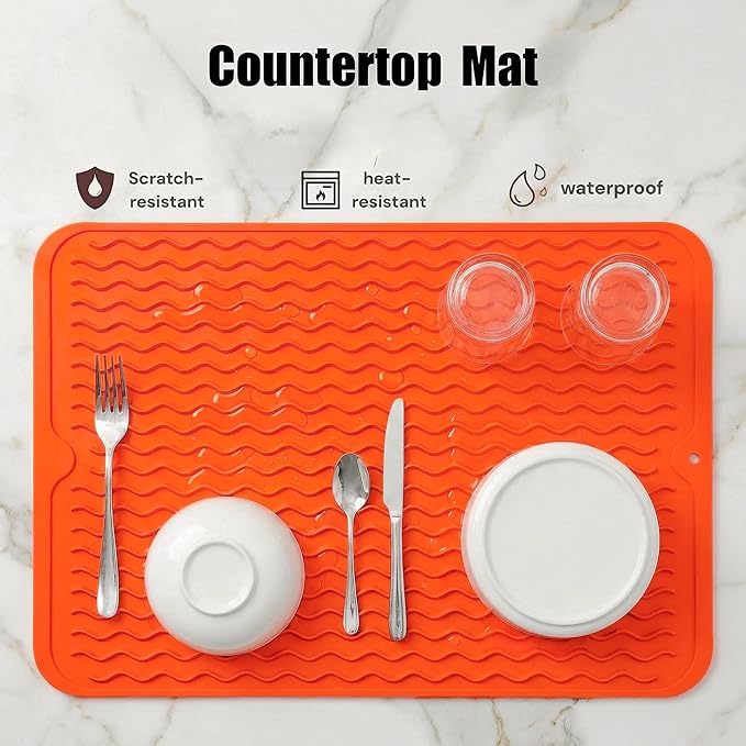 MicoYang Silicone Dish Drying Mat for Multiple Usage,Easy clean,Eco-friendly,Heat-resistant Silicone Mat for Kitchen Counter or Sink,Refrigerator or drawer liner Orange L 16 inches x 12 inches