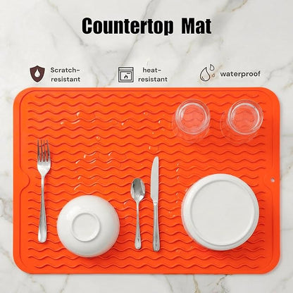 MicoYang Silicone Dish Drying Mat for Multiple Usage,Easy clean,Eco-friendly,Heat-resistant Silicone Mat for Kitchen Counter or Sink,Refrigerator or drawer liner Orange L 16 inches x 12 inches