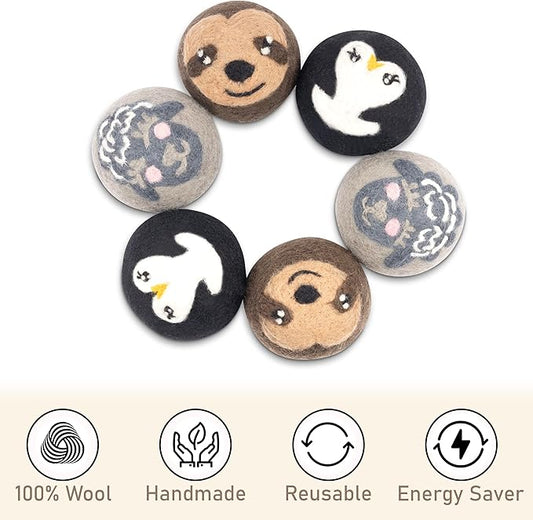 Wool Dryer Balls – Sloth, Penguin and Sheep Design Dryer Balls Laundry Reusable – Natural Fabric Softener – 100% Pure New Zealand Wool – Handcrafted in Nepal – 6 Pack Laundry Balls for Dryer