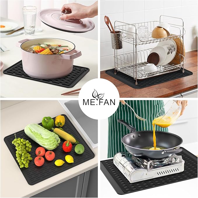 ME.FAN Silicone Dish Drying Mat for Kitchen Counter, Dish Drying Pad for Sink, Refrigerator or Drawer, Countertop Protection Pad L - 18''×16'' - Black