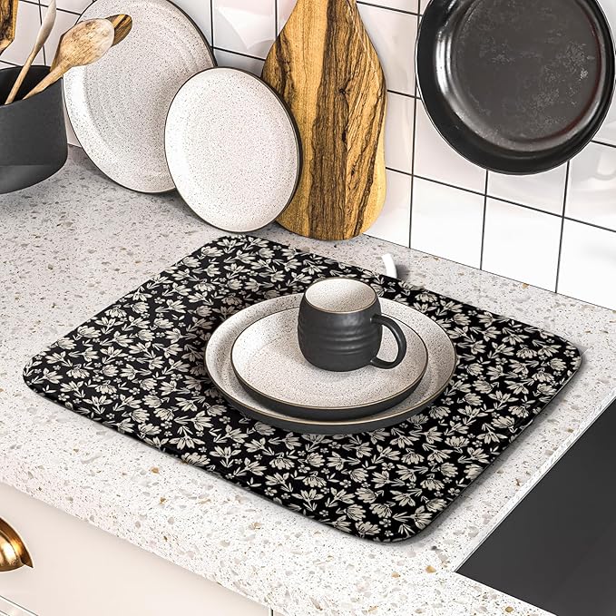 Floral Dish Drying Mat for Kitchen Counter 18x16 Inch Black Flower Drying Mat with Absorbent Reversible Microfiber Holiday Season Spring Dish Drainer Mats Rack Pad for Coffee Countertop Protector