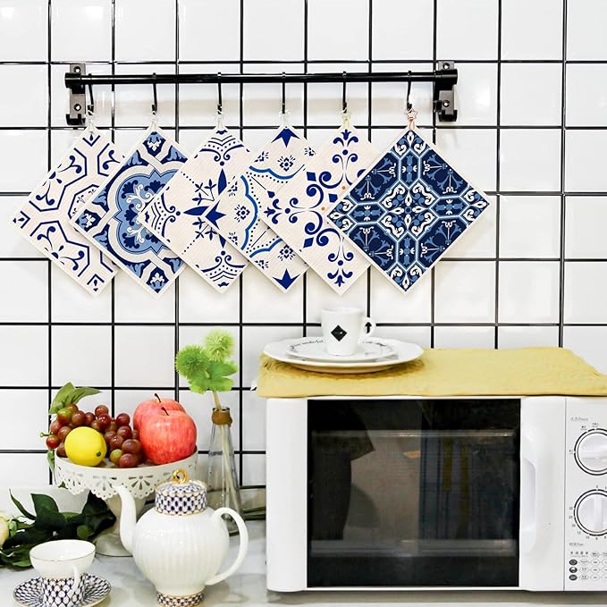 Morigins Swedish Dish Clothes Pack of 6, Reusable, Absorbent Hand Towels for Kitchen, Bathroom and Cleaning Counters - Blue Cellulose Sponge Cloth