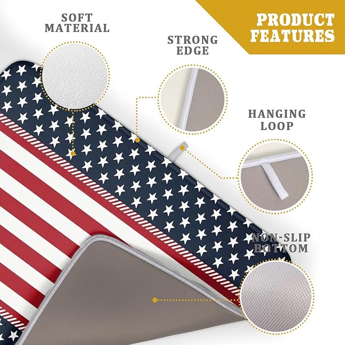 4th of July Patriotic Dish Drying Mat For Kitchen Counter America Red White Blue Stripes Stars Microfiber Absorbent Drying Mats Reversible Kitchen Countertop Drainer Pad 18x24 Inch