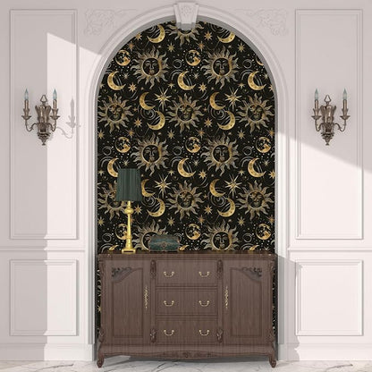 Laatse Black Peel and Stick Removable Vintage Wallpaper Gold Celestial Sun Moon Star Contact Paper 17.5" x 118" Dark Boho Mural Waterproof for Wall Bedroom Kitchen Bathroom Cabinet Room Decor