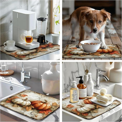 Fall Dish Drying Mat 16x18 Vintage Autumn Pumpkin Maple Leaf Drying Mat for Kitchen Counter Reversible Microfiber Drying Dish Pad Super Absorbent Dish Drainer Rack Mat for Home Coffee Bar Decoration