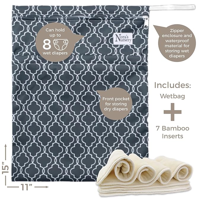 Nora's Nursery Cloth Diapers 7 Pack with 7 Inserts & 1 Wet Bag - Waterproof Cover, Washable, Reusable & One Size Adjustable Pocket Diapers for Newborns and Toddlers - B&W Unisex 2