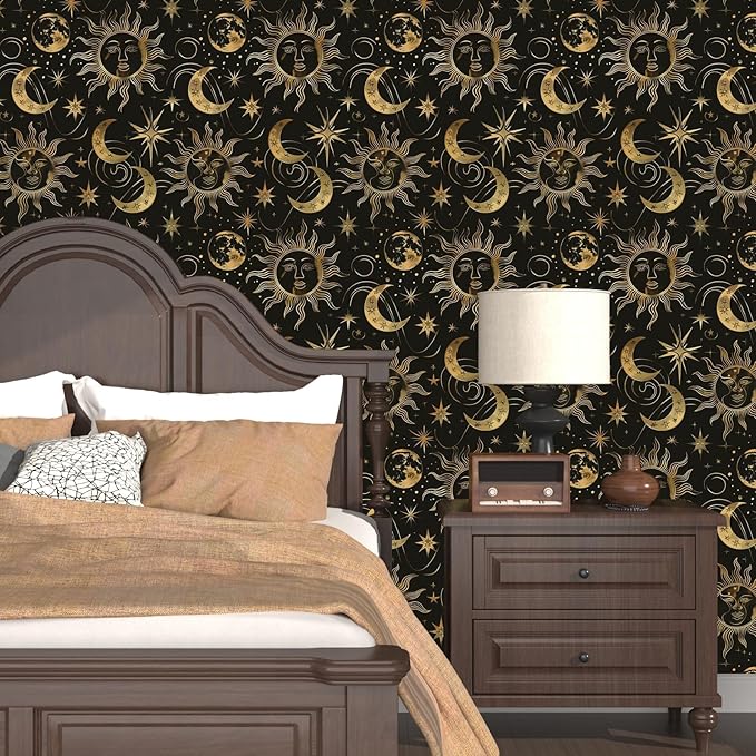 Laatse Black Peel and Stick Removable Vintage Wallpaper Gold Celestial Sun Moon Star Contact Paper 17.5" x 393" Dark Boho Mural Waterproof for Wall Bedroom Kitchen Bathroom Cabinet Room Decor