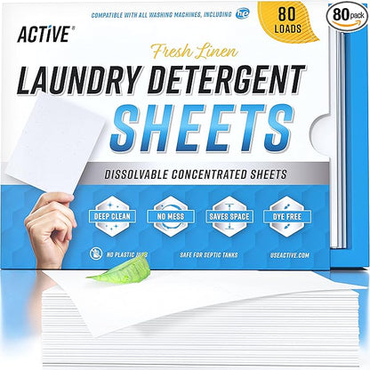 Laundry Detergent Sheets Eco Washing Strips - 80 Loads, Liquidless Fresh Scented Clothes Washer Sheet, Zero Waste Travel Laundry Strip, Dissolvable Space Saving Sheets for HE - Linen Scent