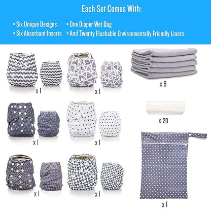Simple Being Reusable Cloth Diapers, Double Gusset, One Size Adjustable, Washable Soft Absorbent, Waterproof Cover, Eco-Friendly Unisex Baby Girl Boy, six 4-Layers Microfiber Inserts (Greys)