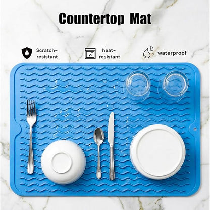 MicoYang Silicone Dish Drying Mat for Multiple Usage,Easy clean,Eco-friendly,Heat-resistant Silicone Mat for Kitchen Counter or Sink,Refrigerator or drawer liner Lichen BlueL L 16 inches x 12 inches