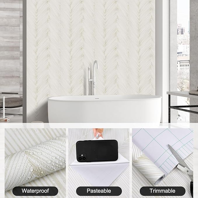 Modern Peel and Stick Wallpaper Boho Beige Contact Paper 17.3"x 200" Self-Adhesive Waterproof Neutral Wallpaper Vinyl Roll for Bathroom Bedroom Cabinets Décor