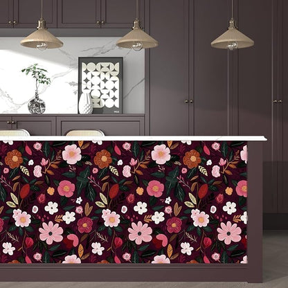 Fvlow Red Pink Floral Wallpaper Peel and Stick 17.4" X 118" Dark Red Gothic Witchy Contact Paper Flower Removable Covering for Bedroom Cabinet Bathroom Vintage Retro Goth Home Decor