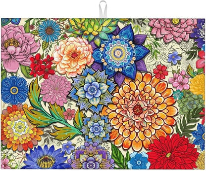 Boho Floral Dish Drying Mats for Kitchen Counter 18" x 24", Absorbent Microfiber Colorful Drying Pad for Dishes, Washable Foldable Reversible Decorative Kitchen Mat for Dining Area Sink, Home Decor