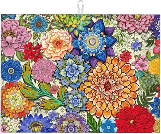 Boho Floral Dish Drying Mats for Kitchen Counter 18" x 24", Absorbent Microfiber Colorful Drying Pad for Dishes, Washable Foldable Reversible Decorative Kitchen Mat for Dining Area Sink, Home Decor