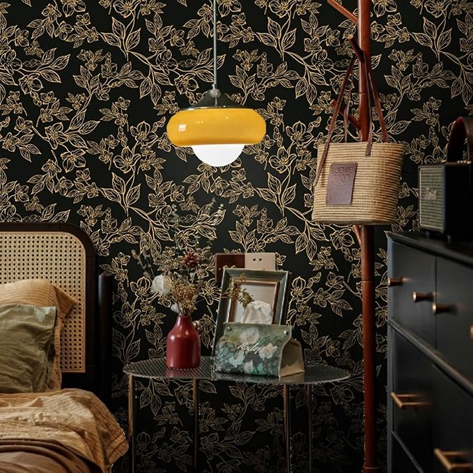 Ismoon Floral Peel and Stick Wallpaper Vintage Black and Gold Contact Paper Dark Stick on Wallaper Removable Self Adhesive Wall Paper for Cabinets Shelf Drawer Bedroom Vinyl Roll 17.3x196in