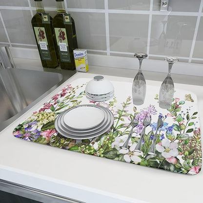 Aportt Spring Summer Floral Dish Drying Mat With Absorbent Reversible Microfiber Green Leaf Plants Flowers Drying Mats 18 x 24 Inch Dish Drainer Mat Fast Dry For Kitchen Dining Room