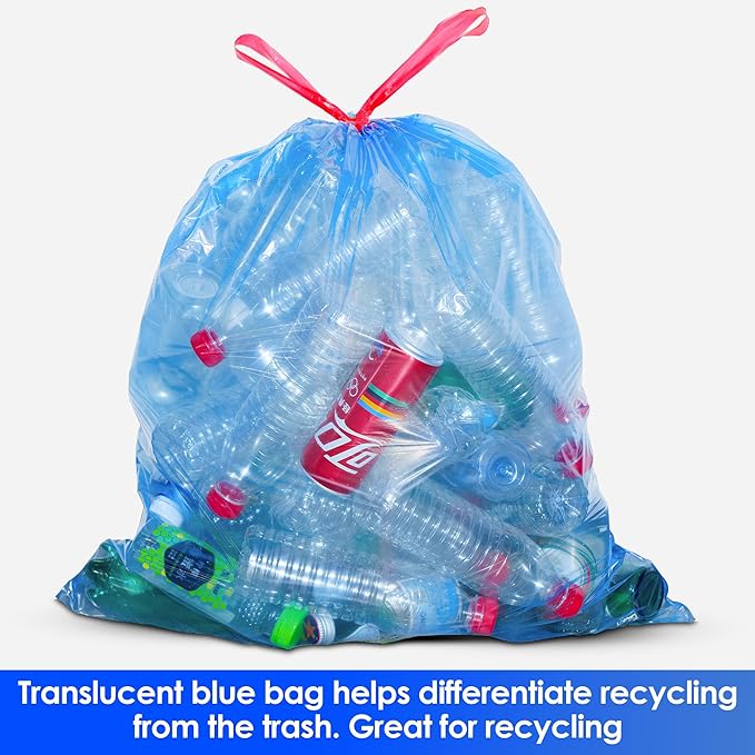 HygiCare 30 Gallon Recycling Trash Bags, Unscented 120 Count Drawstring Garbage Bags, Pre-Separated, Ultra Strong, Leakproof, Sturdy, Translucent Blue