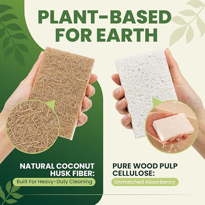 Metflavor Plant-Based Natural Kitchen Sponges,Biodegradable Non-Scratch Cellulose & Coconut Walnut Scrubber Sponge, Eco-Friendly & Sustainable (48 Pack)