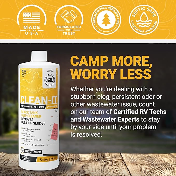 Unique Clean-It RV Black Tank Cleaner Liquid - Effectively Resets Dirty RV Black Tanks - Eliminates Odors and Waste (32 oz) Amazon Exclusive Packaging