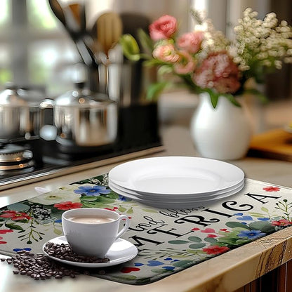 4th of July Patriotic Floral Dish Drying Mat Summer Memorial Day Large Kitchen Mats Dish Drying Pad Absorbent Dish Dryer Mat for Kitchen Countertops Microfiber Drainer Pad Dish Drying Mats (18x24 in)