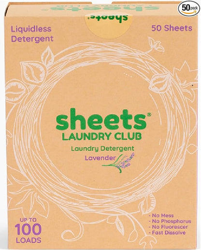 Sheets Laundry Club - Liquidless Laundry Detergent Sheets, 100 Loads - Lavender Scent, Eco-Friendly, Quick-Dissolving Formula, Hypoallergenic, Septic Safe, Plastic-Free Packaging - 50 Sheets