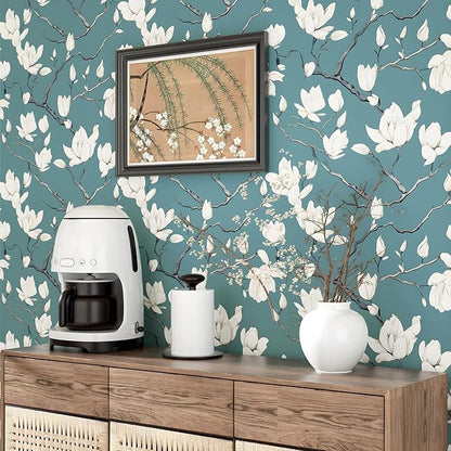 Laatse Vintage Floral Wallpaper Peel and Stick Blue Floral Contact Paper for Bedroom Waterproof Self Adhesive Boho Leaf Modern Wall Paper for Cabinets Locker Walls Bookcase Decor 17.5" X 393"