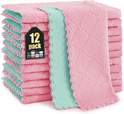 Homaxy 12 Pack Kitchen Cloths Dish Towels (10" x 10", Dark Green & Pink), Super Soft and Absorbent Dish Cloths, Coral Velvet Microfiber Cleaning Cloth, Nonstick Oil Fast Dry Dishcloths